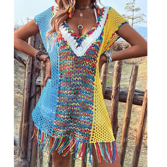 Boho Colorful V neck Crochet Tassel Hem Beach Cover up - Picture 4 of 6